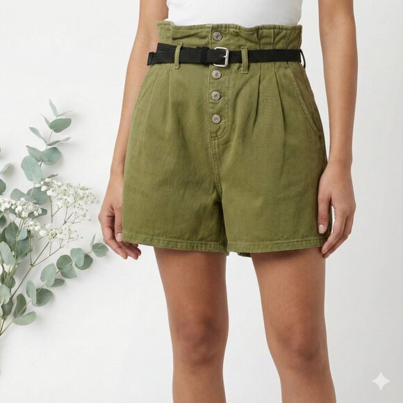 Zara Olive Green Paperbag Waist Utility Shorts - Picture 1 of 5